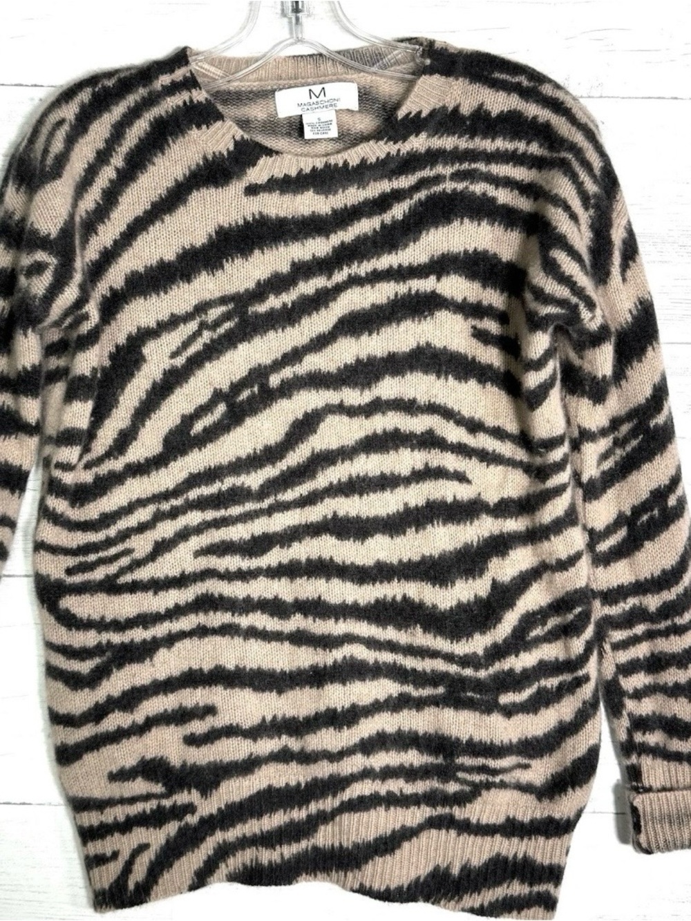 Magaschoni 100% Cashmere Animal Print Sweater Womens Small Tan Black